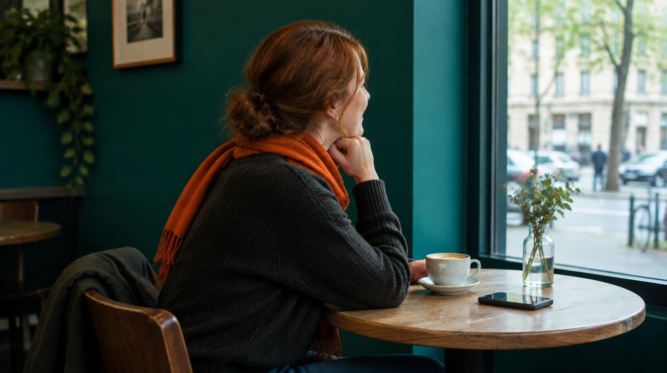 A woman with an orange scarf sitting alone at a café window, looking out, at ease