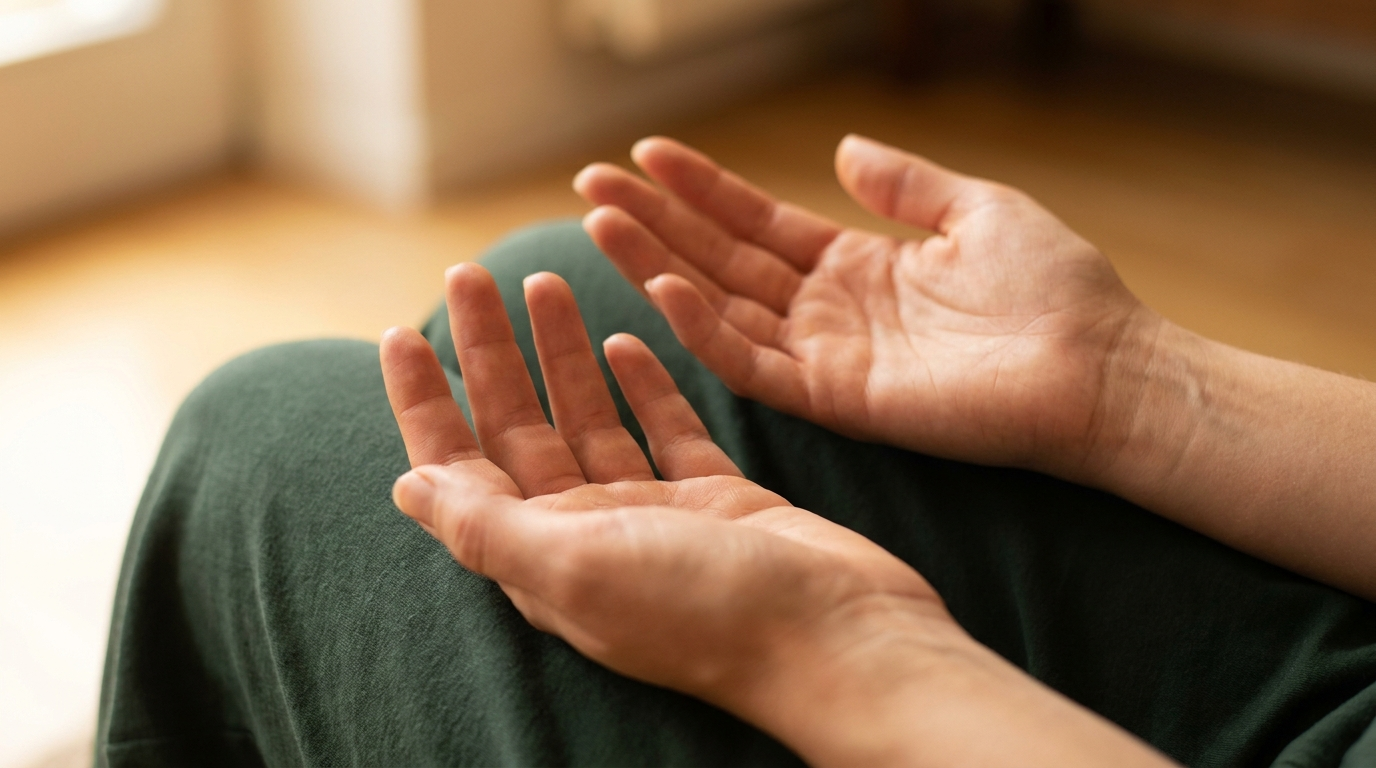 A woman's open hands resting in her lap